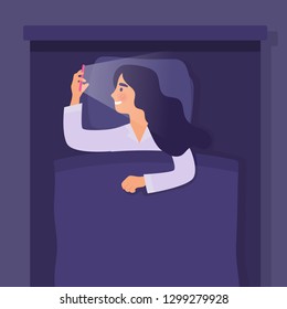 sleep girl at night using smartphone, girl with phone addiction with social media, message, sleep late because addiction to smartphone