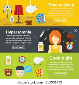 Sleep good night banner horizontal concept set. Flat illustration of 3 sleep good night vector banner horizontal concepts for web
