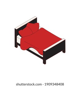 Sleep goods isometric icons composition with isolated image of double bed with linen vector illustration