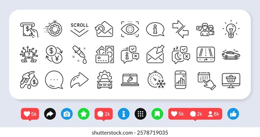 Sleep, Graph phone and Scroll down line icons pack. Social media: share, comment, like icons. Information, Laptop repair, People talking web icon. Currency exchange, Web shop, Car pictogram. Vector