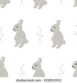 Sleep Grey Baby Bunny with leaf. Little Rabbit seamless pattern. Cute Easter Animal. Hares Vector Kids Illustration on white background. Perfect for textile prints, kids design, decor, wrapping.	