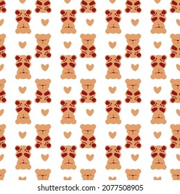 Sleep gummies and hearts vector seamless pattern background. Backdrop with gummy bears in orange white. Cute kawaii style characters for sleeping well, melatonin natural aid and health concept. svg
