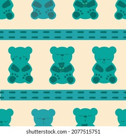 Sleep gummies stitch ribbon vector seamless pattern background. Backdrop with blue green sleepy gummy bears and horizontal stripe. Cute kawaii style characters for sleeping well, health concept. svg