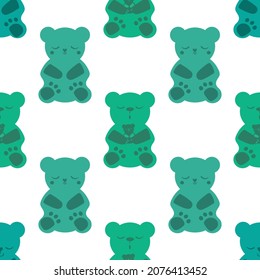 Sleep gummies vector seamless pattern background. Backdrop with gummy bears in blue, green white. Cute kawaii style characters for sleeping well, melatonin natural aid and health concept. For wellness svg
