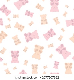 Sleep gummies vector seamless pattern background. Backdrop with gummy bears in pastel pink yellow white. Cute kawaii style characters for sleeping well, melatonin natural aid and health concept. svg