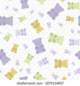 Sleep gummies vector seamless pattern background. Backdrop with gummy bears in pastel purple, green, white. Cute kawaii style characters for sleeping well, melatonin natural aid and health concept. svg
