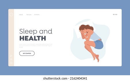 Sleep and Health Landing Page Template. Peaceful Female Character Wear Pajama Sleep or Nap on Pillow in Embryo Pose. Girl Relaxed Sleeping Pose, Healthy Recreation. Cartoon Vector Illustration