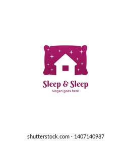 Sleep and sleep hotel motel inn logo with pillow icon logo illustration and night sky full with stars, fun cartoon style