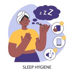Sleep Hygiene. Better Sleep Routine. Peaceful Serene Woman Getting Ready For The Night, Rejecting Caffeine, Blue Screen And Loud Noises To Prevent Insomnia. Flat Vector Illustration.