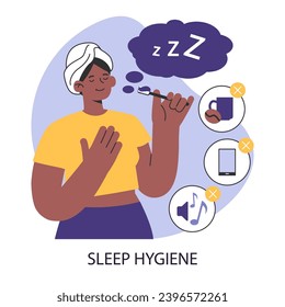 Sleep hygiene. Better sleep routine. Peaceful serene woman getting ready for the night, rejecting caffeine, blue screen and loud noises to prevent insomnia. Flat vector illustration.