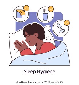 Higiene del sueño. Mejor rutina de sueño. Tranquilo hombre sereno durmiendo por la noche, con aire fresco, dientes cepillados y pastillas de melatonina para prevenir el insomnio. Ilustración vectorial plana.