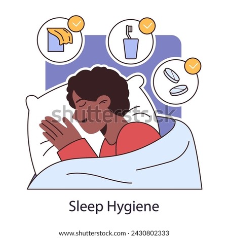 Sleep hygiene. Better sleep routine. Peaceful serene man sleeping at the night, with fresh cold air, brushed teeth and melatonin pills to prevent insomnia. Flat vector illustration.