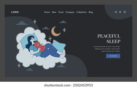 Sleep Hygiene concept. A woman enjoys restful sleep, clutching a teddy bear on a cloud, indicative of serene nighttime slumber. Vector illustration.