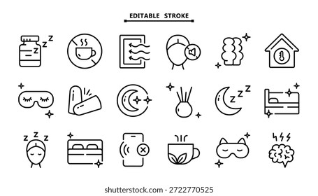 Conjunto de iconos de higiene del sueño aislados en blanco. Dibujos de contorno nítidos con trazos de Vector totalmente editables. Consejos para mejorar los signos del sueño.