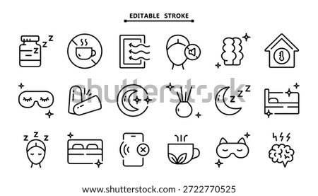 Sleep hygiene icons set isolated on white. Crisp outline drawings with fully editable vector strokes. Tips better sleep signs.
