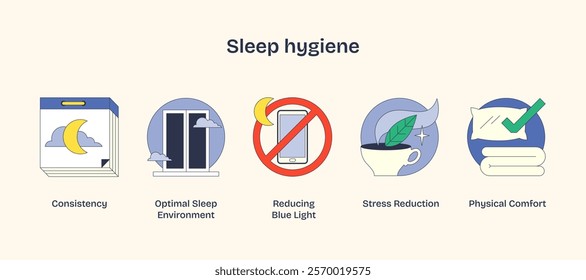 Sleep hygiene icons show consistency, reducing blue light, and stress reduction. Neubrutalism style