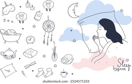 Sleep hygiene infographics. Collection of png icon for health sleeping.  Doodle line art vector hand drawn set illustration. insomnia, Healthy sleep tips. rituals for good sleep. Evening routine