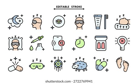 Higiene Del Sueño Y Rutina Nocturna. Trazo editable. Conjunto de iconos de accesorios de sueño personal. Descanso, Relajación Y Mejora Del Sueño Símbolos Simples. Ilustración vectorial aislada.