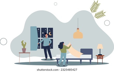 Sleep hygiene as routine action for better sleep quality.Avoid insomnia with fresh air.flat vector illustration.