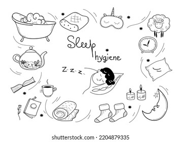 Sleep Hygiene Set, Alarm Clock, Sleep Mask , Herbal Tea ,comfortable Pillow, Vector Doodle Hand Drawn Sketch Illustration