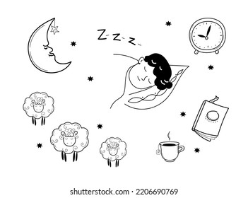 Sleep Hygiene Set, Alarm Clock, Sleep Mask , Herbal Tea ,comfortable Pillow, Vector Doodle Hand Drawn Sketch Illustration