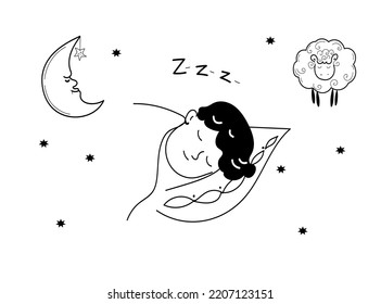 Sleep Hygiene Set, Alarm Clock, Sleep Mask , Herbal Tea ,comfortable Pillow, Vector Doodle Hand Drawn Sketch Illustration