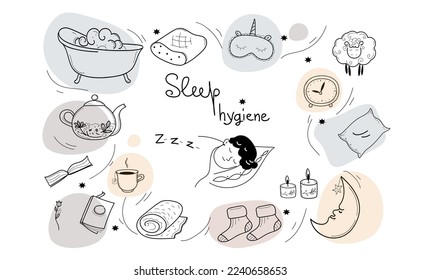 Sleep hygiene set, alarm clock, sleep mask , herbal tea ,comfortable pillow, vector doodle hand drawn sketch illustration