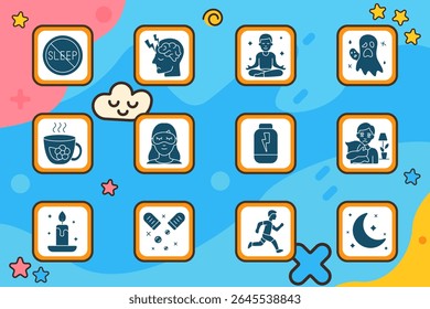 Ícone do conjunto de higiene do sono. Sem ícone de sono, dor cerebral, meditação, fantasma pesadelo, chá de ervas, máscara de sono, suplemento de energia, abraçando travesseiro, luz de velas, vitaminas, correr, luar
