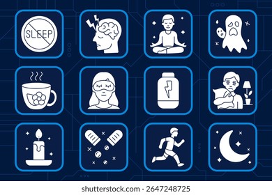 Ícone do conjunto de higiene do sono. Sem sono, dor no cérebro, pose de meditação, pesadelo fantasma, chá de ervas, máscara ocular, suplemento de energia, abraçando travesseiro, vela, vitaminas, jogging, lua, sono de relaxamento