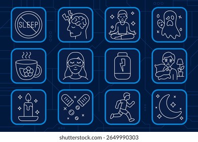 Sleep hygiene set icon. No sleep, headache, meditation, nightmare, tea, sleep mask, supplement, hugging pillow, candle, pills, running, moon, sleep improvement