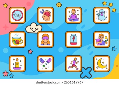 Sleep hygiene set icon. No sleep sign, headache, meditation, nightmare, herbal tea, sleep mask, supplement, hugging pillow, candle, vitamins, jogging, moonlight, sleep improvement
