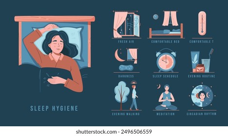 Conjunto de higiene del sueño. Mujer joven durmiendo en la cama. Aire fresco, cama cómoda, temperatura cómoda, oscuridad, horario de sueño, rutina nocturna, caminata nocturna y meditación, ritmo circadiano. 