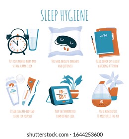 Sleep hygiene tips - alarm clock, glass of water, sleeping mask and ear plugs, book, evening toiletry, air humidifier and digital thermometer, spot vector illustration isolated on white background