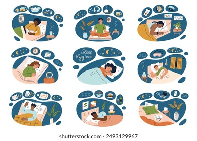 Sleep hygiene vector illustration set. Compositions collection with bedtime habits, tips, healthy routine. Flat cartoon people in cozy bedroom. Sleeping environment, organic bedding, evening rituals