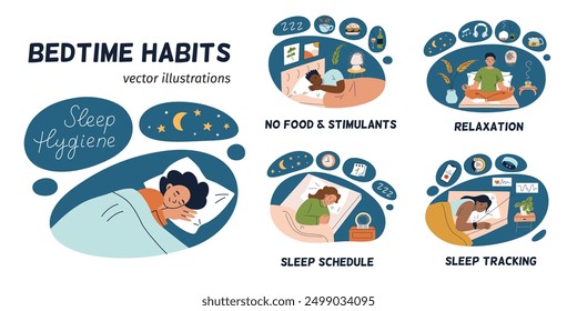 Conjunto de Ilustración vectorial de higiene del sueño. Colección de hábitos a la hora de acostarse, consejos de relajación, rutinas nocturnas saludables. Gente plana de dibujos animados en habitaciones acogedoras. Horario de sueño, seguimiento del sueño profundo, rituales nocturnos