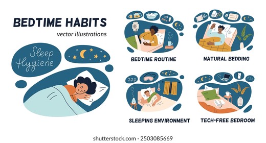 Sleep hygiene vector illustration set. Bedtime habits collection, relaxation tips, healthy night routines. Flat cartoon people in cozy bedrooms. Sleeping tech free environment, organic bedding