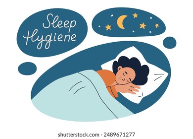 Sleep hygiene vector illustration, woman sleeping under blanket, night sky with moon and stars. Cozy bedtime routine, wellness, and self care. Cartoon style composition with hand lettering