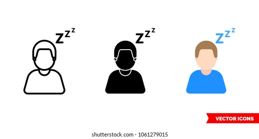 Sleep icon of 3 types: color, black and white, outline. Isolated vector sign symbol.