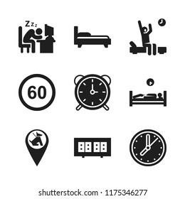 sleep icon. 9 sleep vector icons set. office worker sleeping on his desk at job, alarm clock and pet zone point icons for web and design about sleep theme