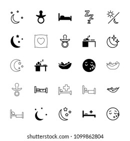 Sleep icon. collection of 25 sleep filled and outline icons such as pacifier, sleeping emot, bed, medical bed, man sleeping on table. editable sleep icons for web and mobile.