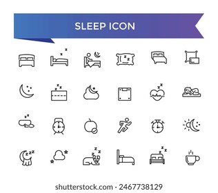 Kollektion des Schlafsymbols. Verwandt mit Schlafen, Schlafzimmer, Traum, Kissen, Bett, Wecker, Schlaflosigkeit, Nacht, Ruhe und Schlafstörungen Icons. Zeilensymbol gesetzt.