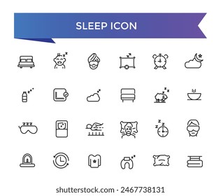 Sleep icon collection. Related to sleeping, bedroom, dream, pillow, bed, alarm clock, insomnia, night, rest and sleep disorders icons. Line icon set.