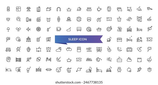 Sleep icon collection. Related to sleeping, bedroom, dream, pillow, bed, alarm clock, insomnia, night, rest and sleep disorders icons. Line icon set.