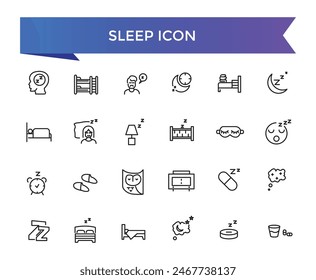 Sleep icon collection. Related to sleeping, bedroom, dream, pillow, bed, alarm clock, insomnia, night, rest and sleep disorders icons. Line icon set.