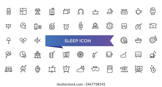 Colección del icono de suspensión. Relacionado con dormir, dormitorio, sueño, almohada, cama, despertador, insomnio, noche, descanso y trastornos del sueño iconos. Conjunto de iconos de línea.