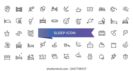 Kollektion des Schlafsymbols. Verwandt mit Schlafen, Schlafzimmer, Traum, Kissen, Bett, Wecker, Schlaflosigkeit, Nacht, Ruhe und Schlafstörungen Icons. Zeilensymbol gesetzt.