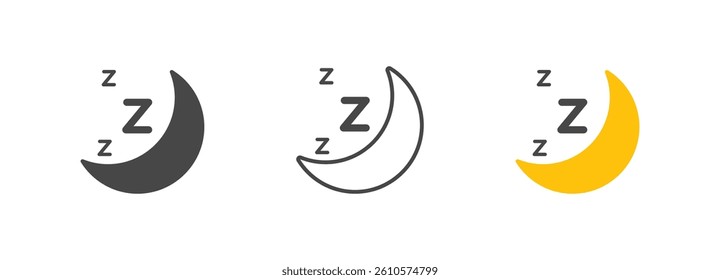 Sleep Icon with Crescent moon and Zzz letters in black, outline, and yellow styles, representing night, sleep, bedtime, relaxation, and rest in flat vector design.