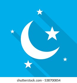 Sleep icon. Night moon and star icon. White night icon with long shadow on blue background. Vector illustration.