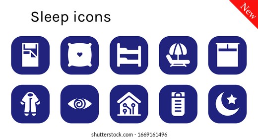 Schlafsymbol eingestellt. 10 gefüllte Schlafsymbole. Inbegriffen Bett, Kissen, Stockbett, Hammock, Doppelbett, Pijama, Müdigkeit, Smart Home, Schlafsack, Nachtsymbole