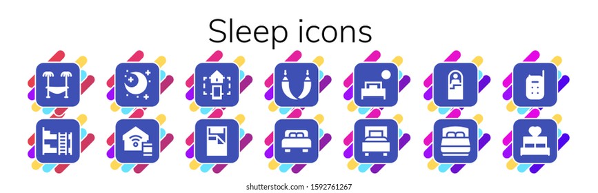 Sleep Icon Set. 14 Filled Sleep Icons.  Simple Modern Icons Such As: Hammock, Bunk Bed, Night, Smart Home, Bed, Sleeping Bag, Baby Monitor